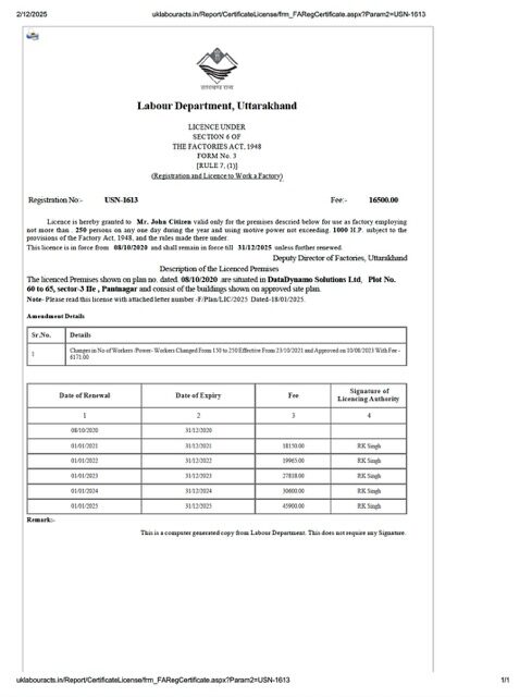 India Uttarakhand license to work a factory Word and PDF template