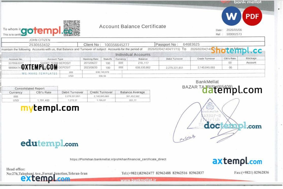 Iran Bank Mellat Account Balance Certificate template in Word and PDF format
