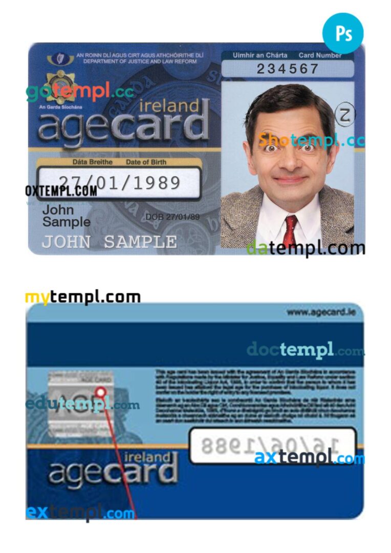 Ireland age card (proof of age) template in PSD format