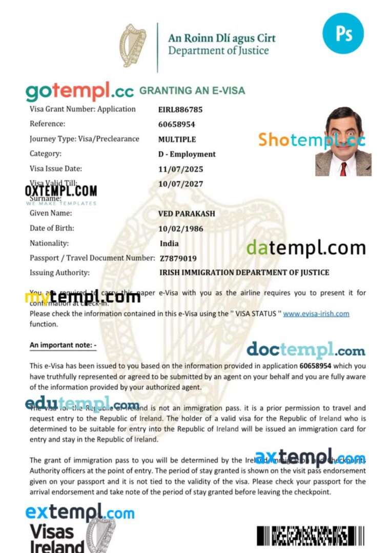 Ireland work visa permit template in PSD format