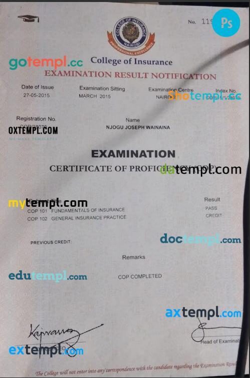Kenya Nairobi Certificate of Proficiency (COP) template in PSD format