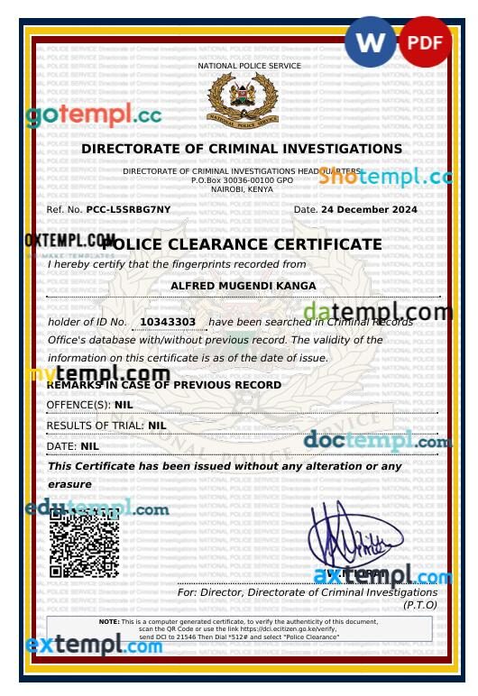 Kenya Police Clearance certificate template in Word and PDF format