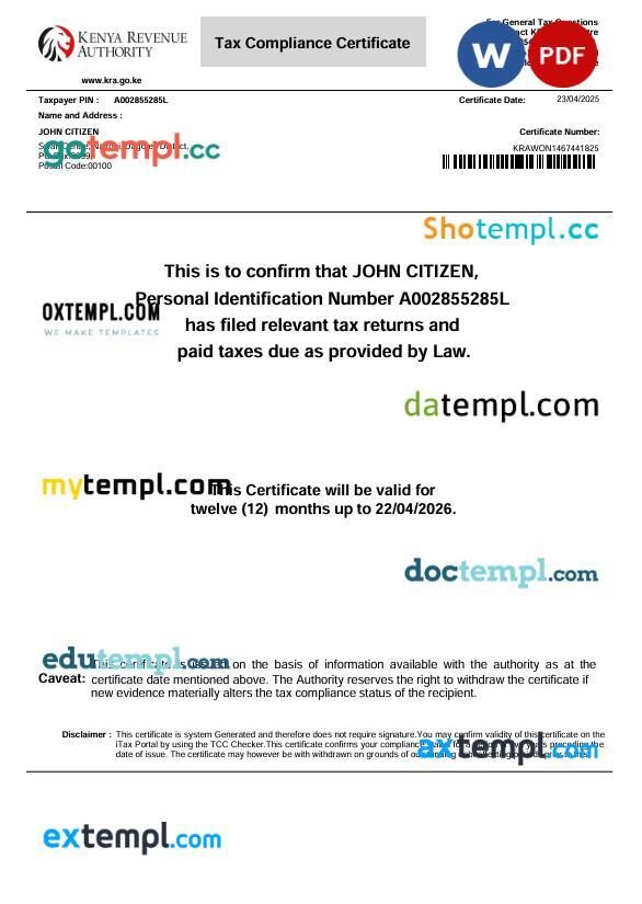 Kenya Tax Compliance Certificate template in Word and PDF formats