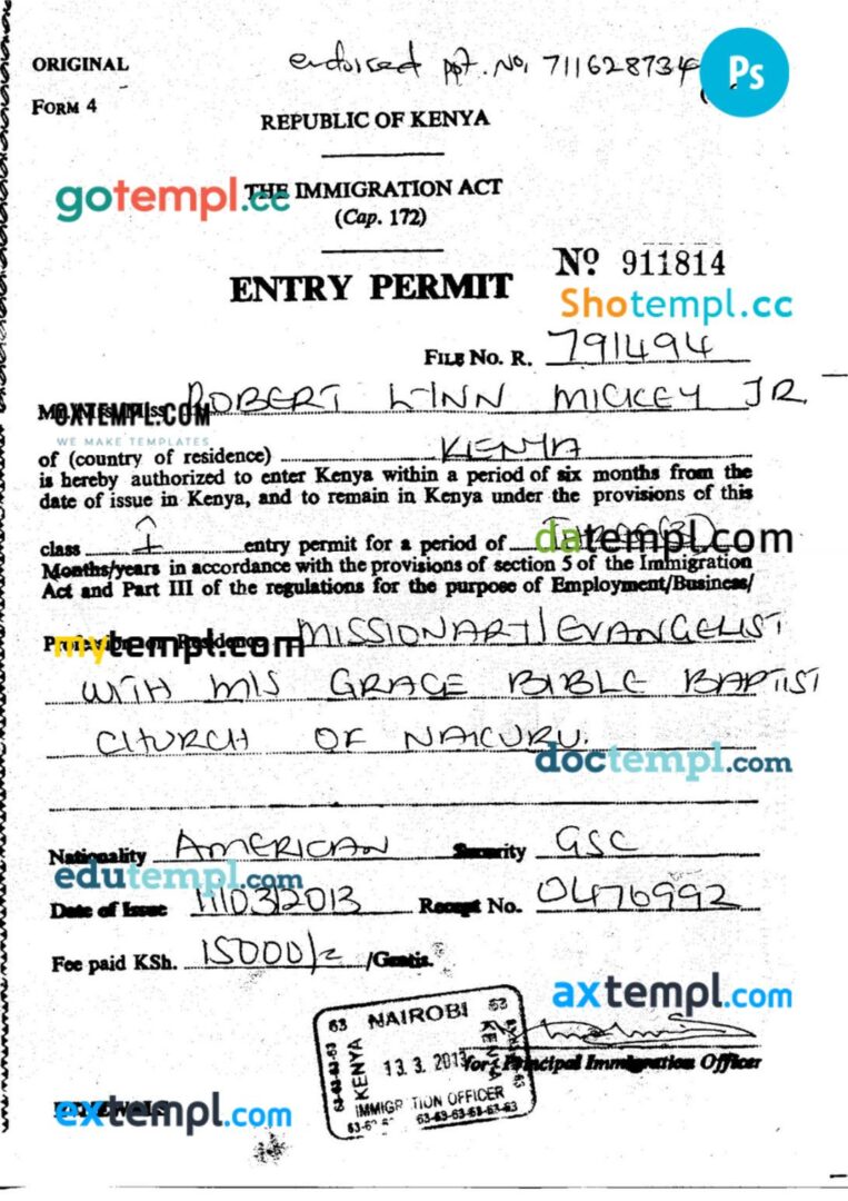 Kenya work permit template in PSD format