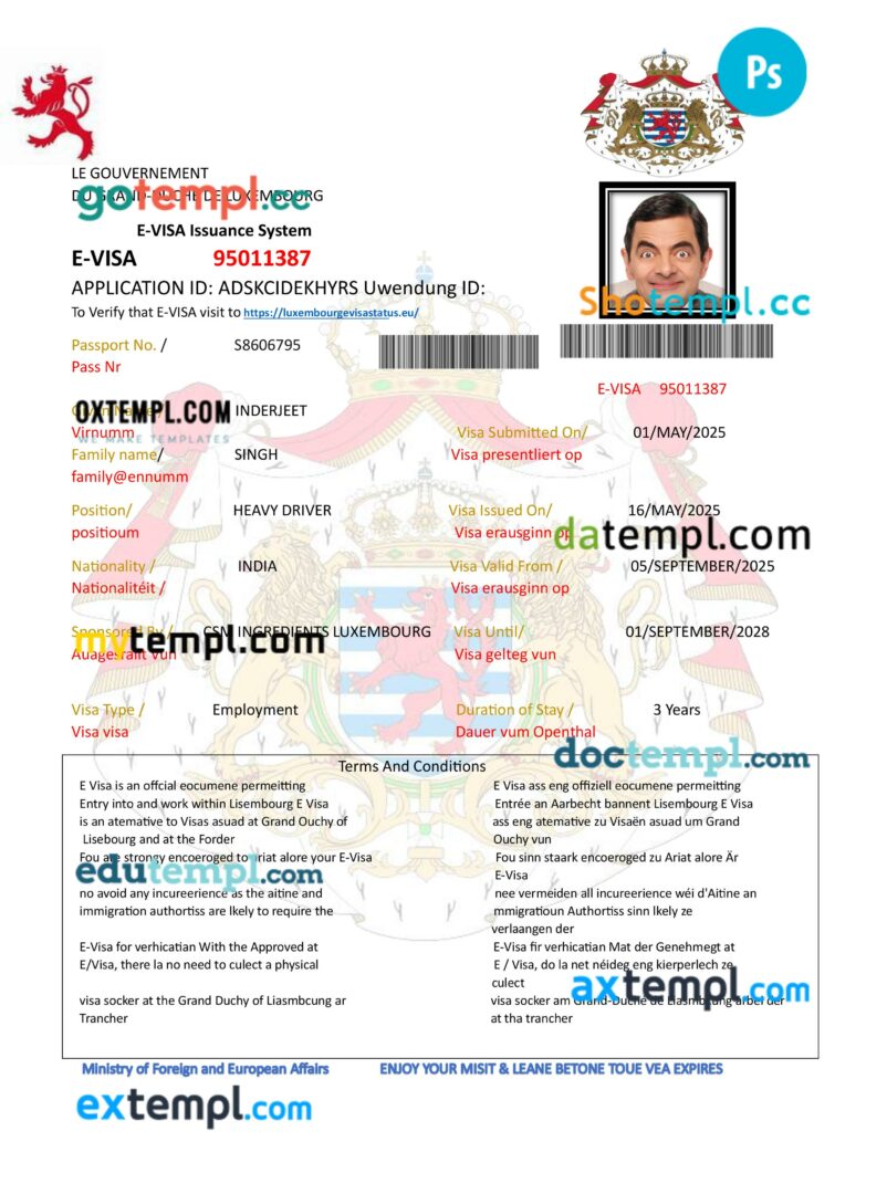 Luxembourg work permit template in PSD format