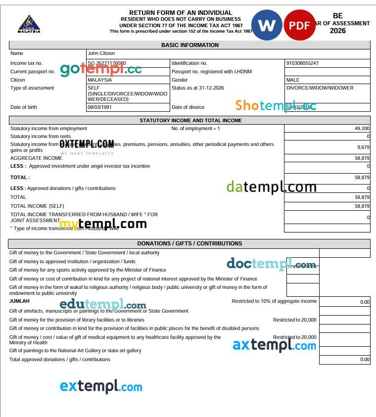 Malaysia Income Tax Return Form template in Word and PDF formats