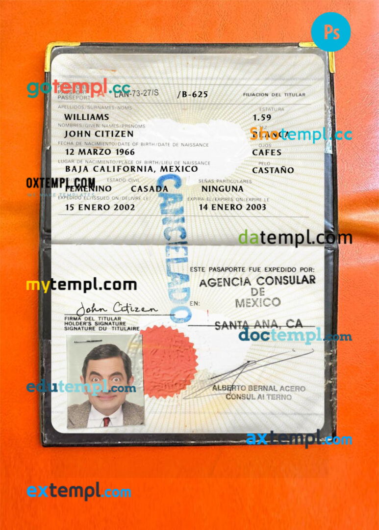 Mexico passport PSD files with address page, scan and photo-realistic look, 2002-present
