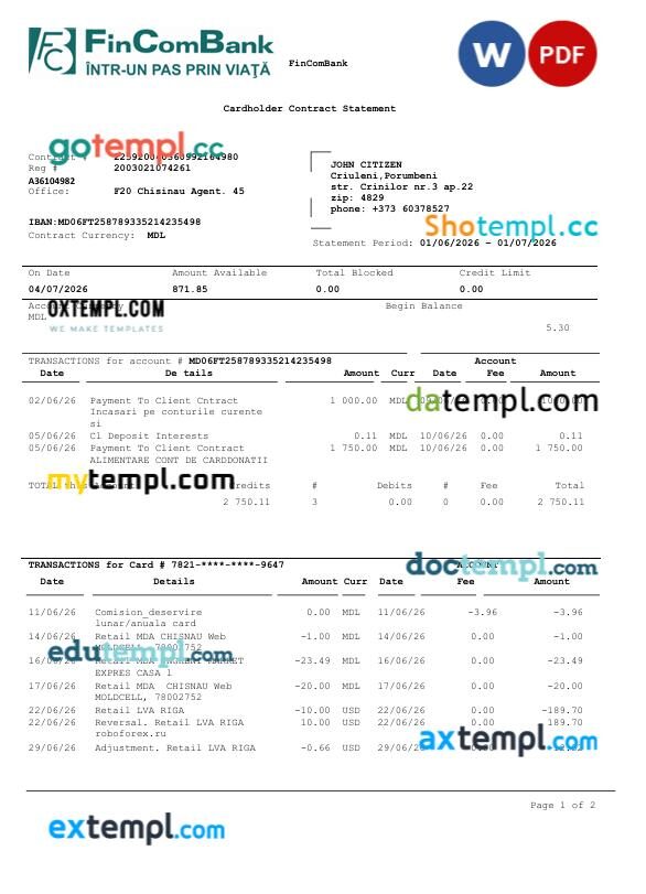 Moldova FinComBank bank statement template in Word and PDF format