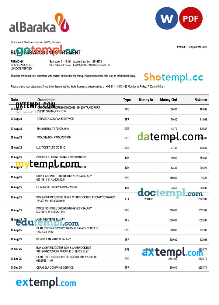 Pakistani Al Baraka company statement Word and PDF template