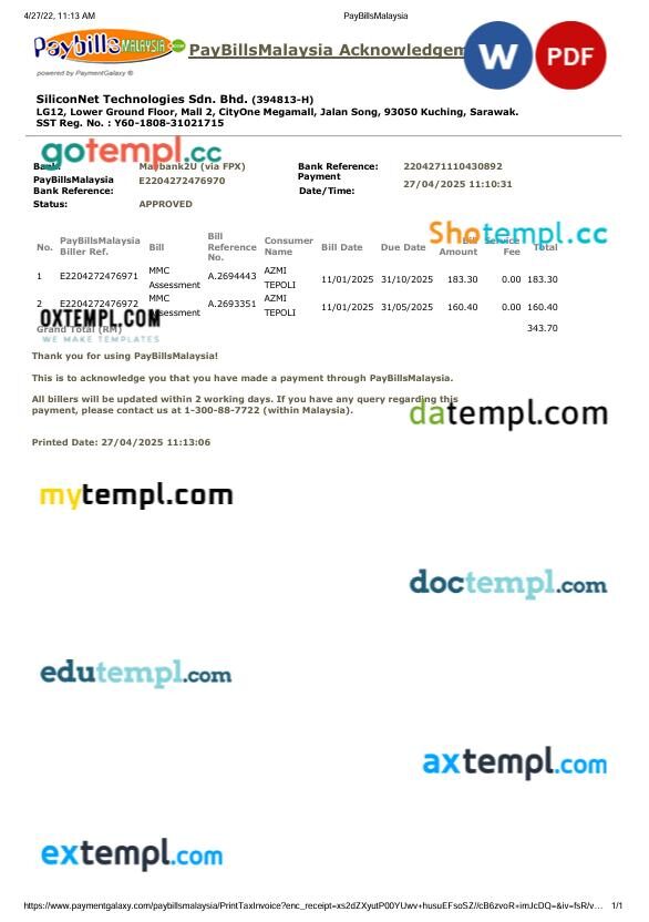 PayBillsMalaysia payment receipt PSD template