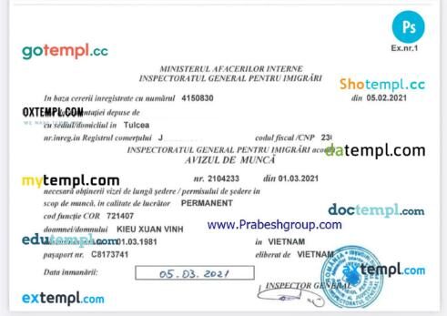 Romania work permit template in PSD format