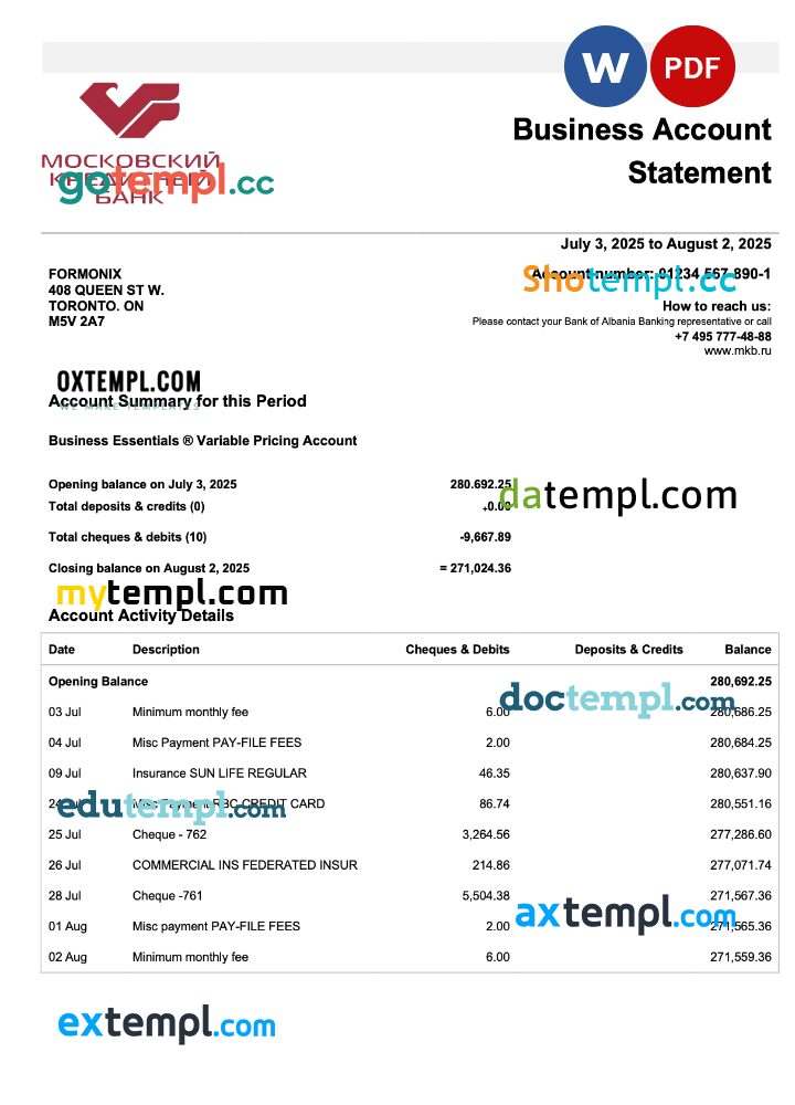 Russia Credit bank of Moscow organization checking account statement Word and PDF template