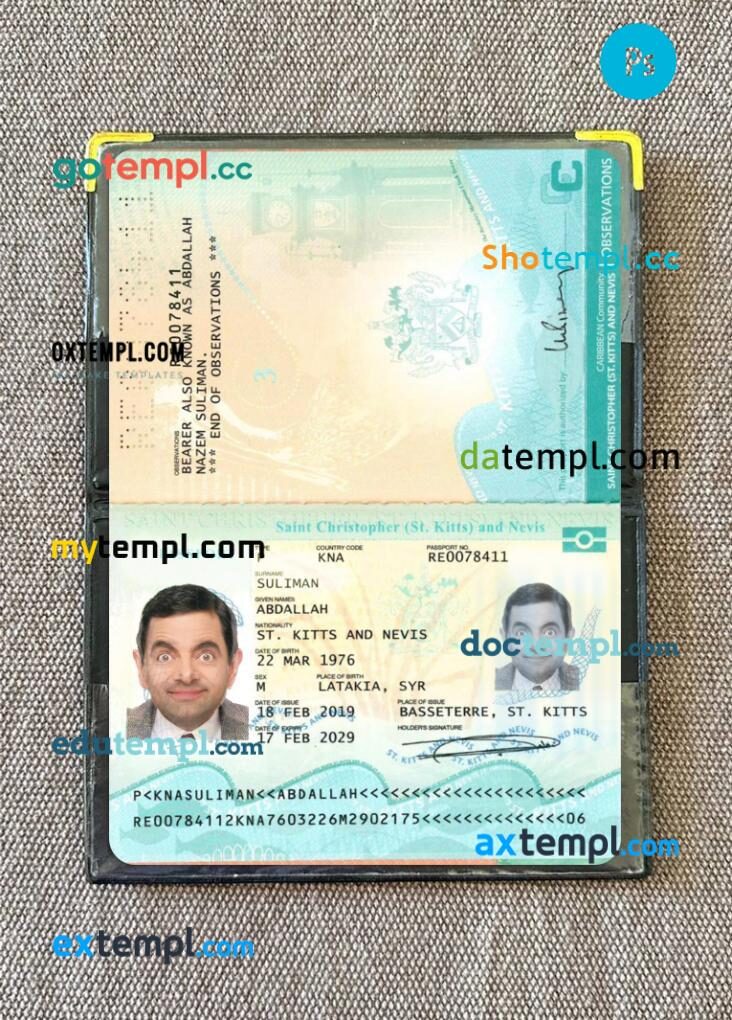 Saint Kitts and Nevis passport editable PSD files with address page, scan and photo-realistic look, 2019-present