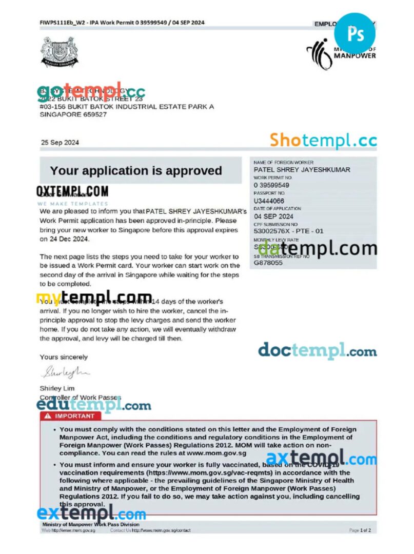 Singapore work permit template in PSD format, version 2