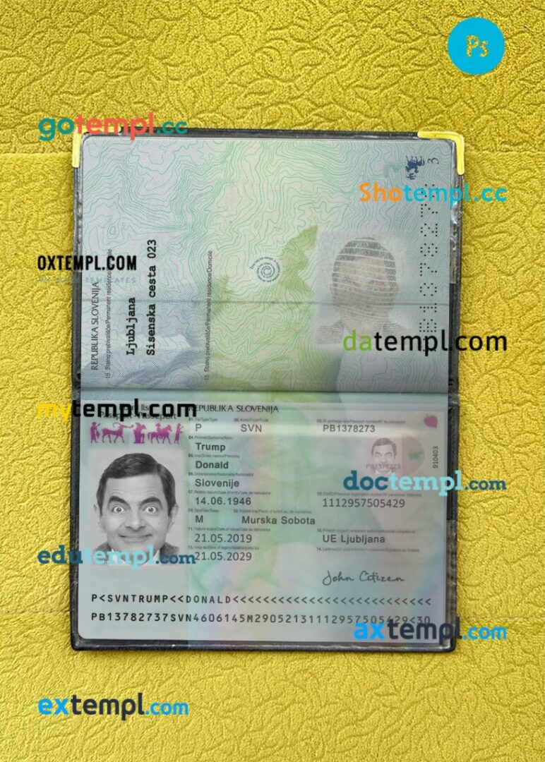 Slovenia passport editable PSD files with address page, scan and photo-realistic look, 2019-present