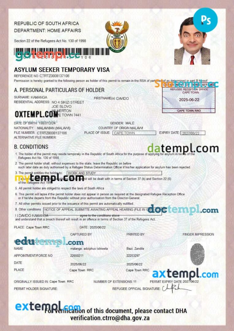 South Africa temporary visa template in PSD format