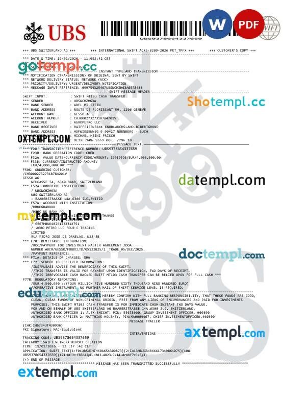 Switzerland UBS Bank SWIFT International wire transfer template in Word and PDF format