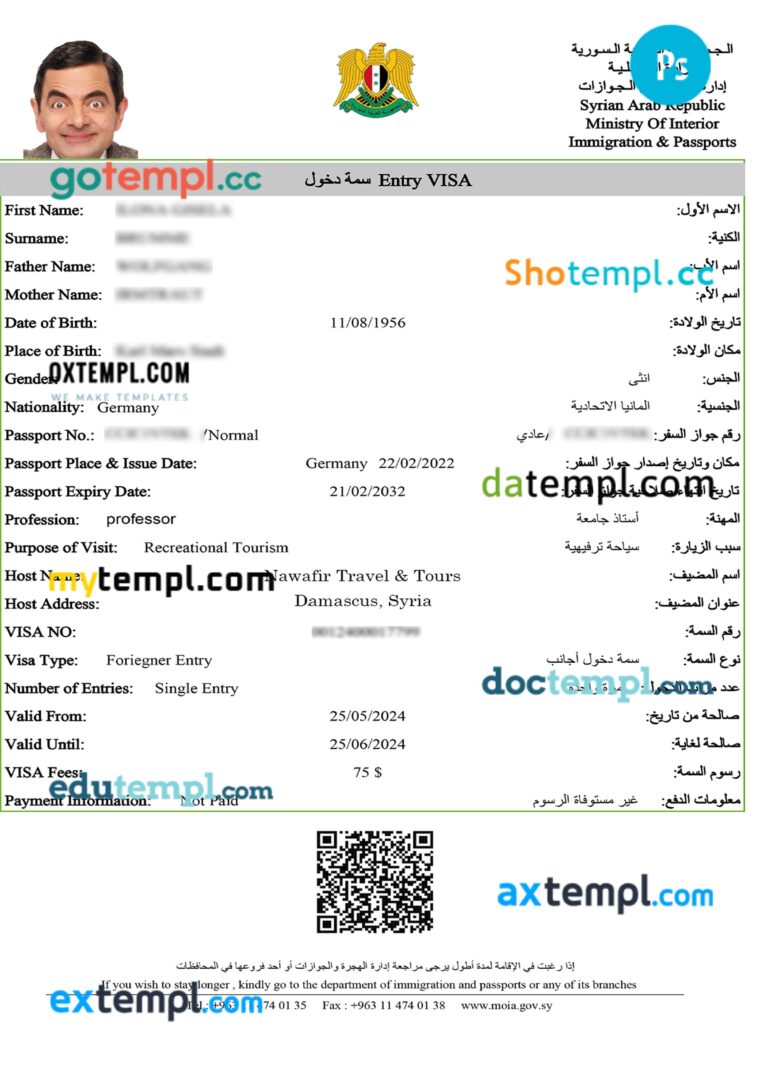 Syria e-visa template in PSD format, 2024-present