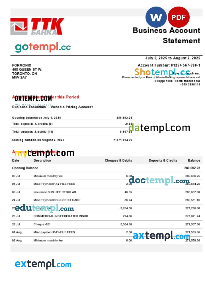 TTK business account statement Word and PDF template