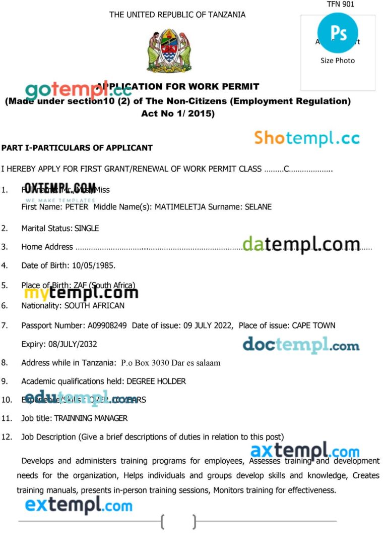 Tanzania work permit template in PSD format, 2 pages
