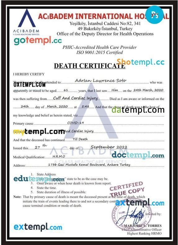 Turkey Acıbadem International Hospital birth certificate in PSD format