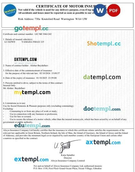 UK Lexham certificate of motor insurance Word and PDF template