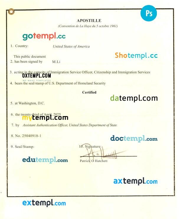 USA Apostille template in PSD format