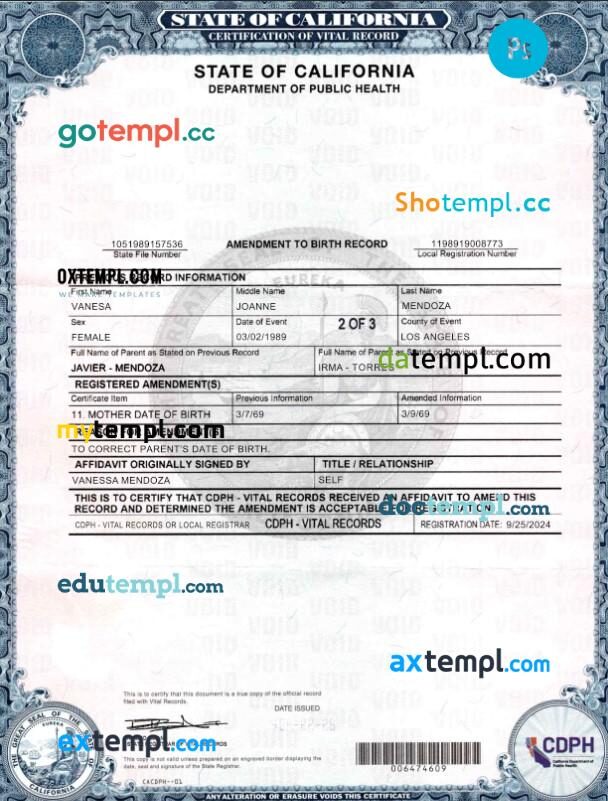 USA California Amendment to Birth Record template in PSD format, 2 pages