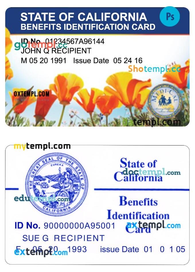 USA California Benefits Identification Card template in PSD format