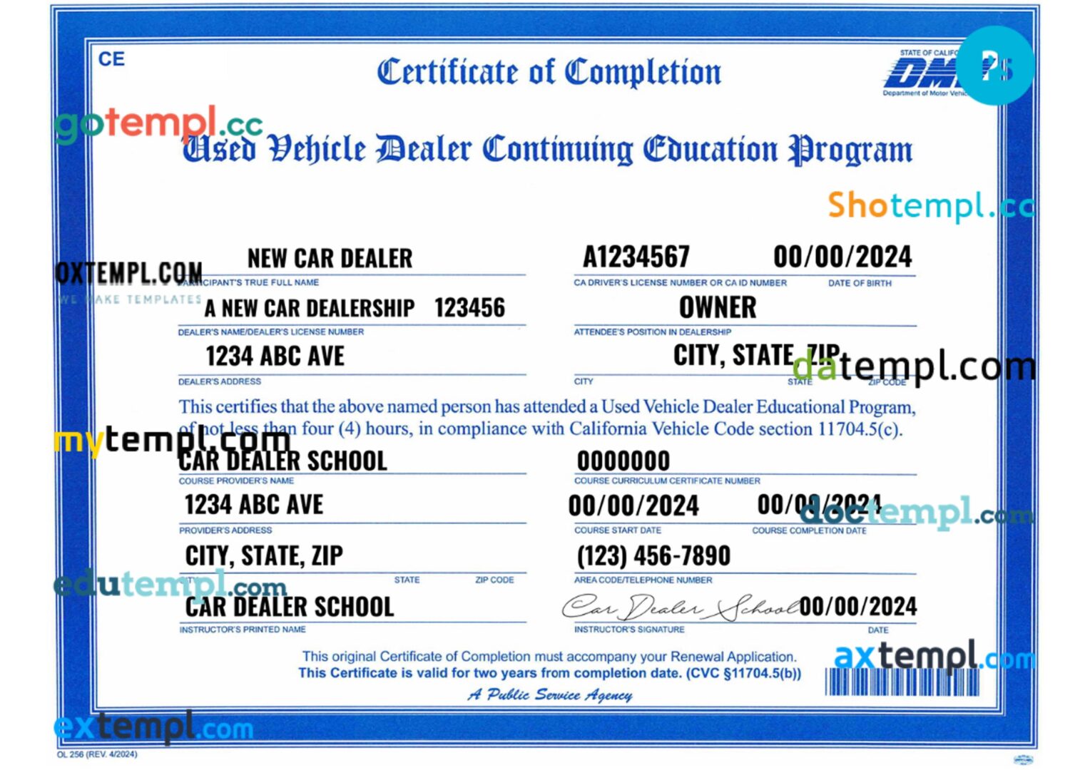 USA California vehicle dealers license template in PSD format