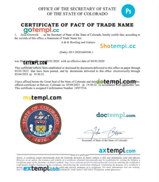 USA Colorado Certificate of fact of trade name template in PSD format
