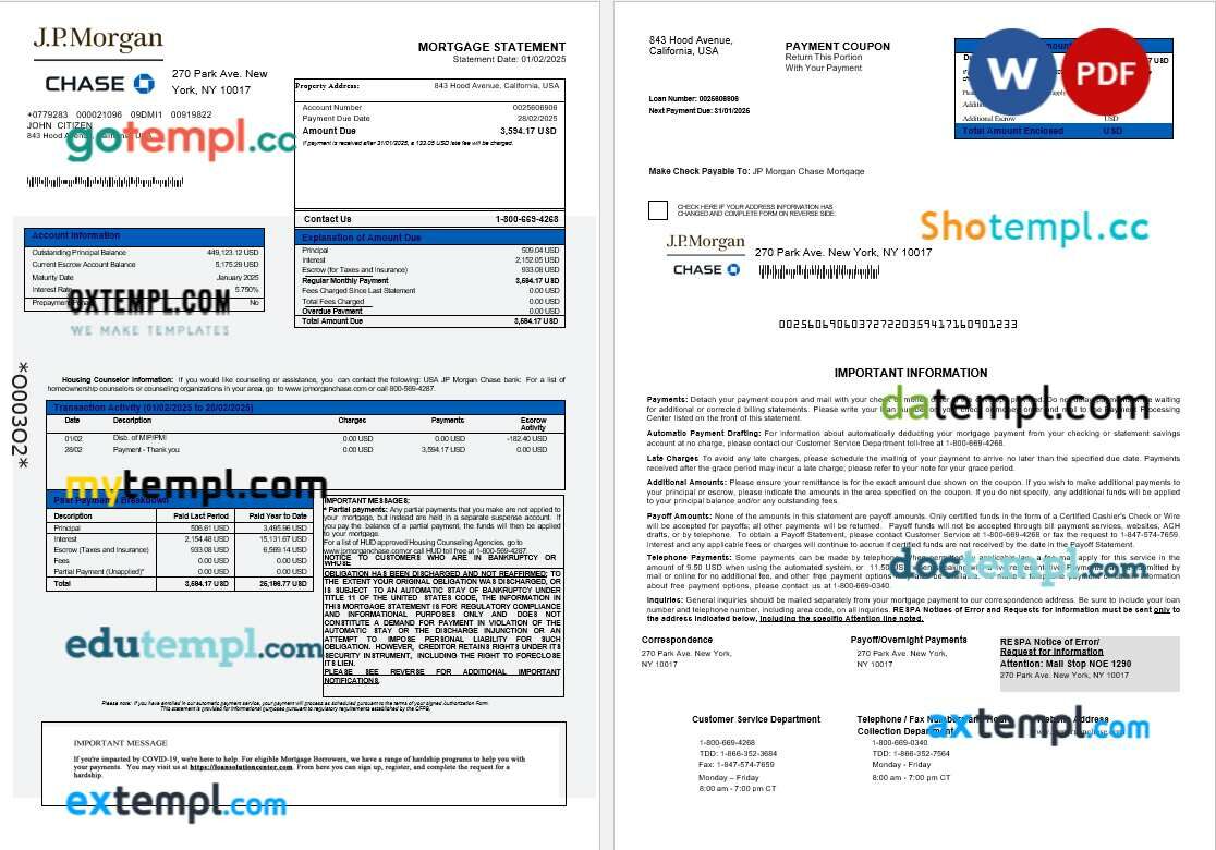 USA JP Morgan Chase bank mortgage statement in Word and PDF formats