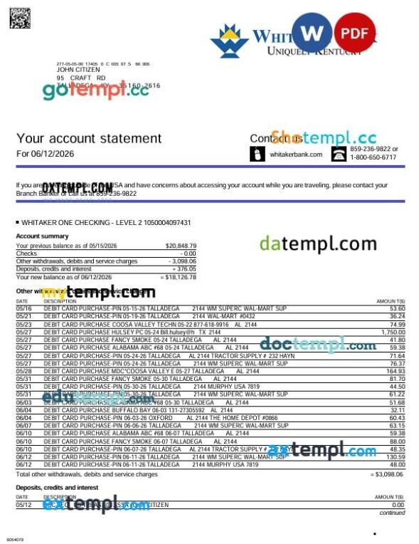 USA Kentucky Whitaker Bank statement template in Word and PDF format
