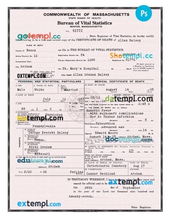 USA Massachusetts Death certificate in PSD format