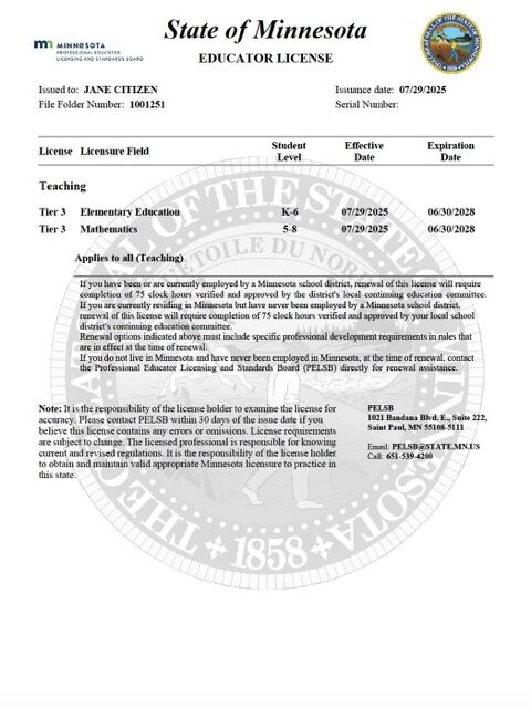 USA Minnesota educator license Word and PDF template