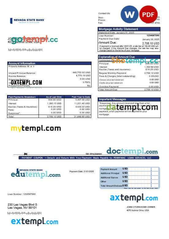 USA Nevada State Bank mortgage statement in Word and PDF formats