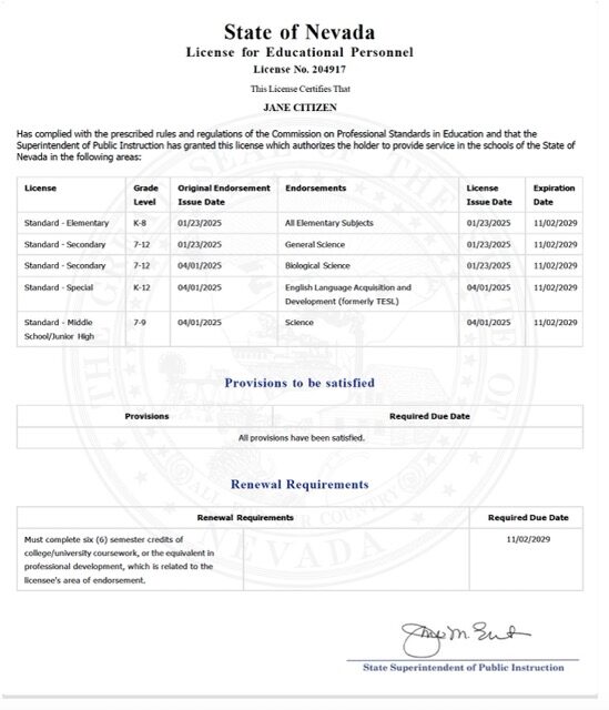 USA Nevada educational license Word and PDF template