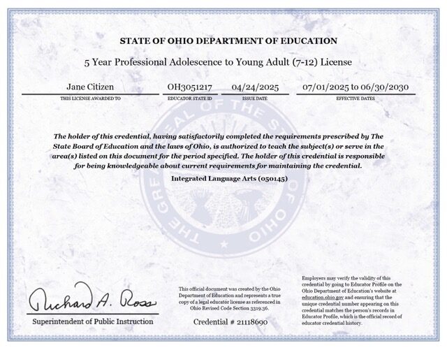 USA Ohio professional license Word and PDF template