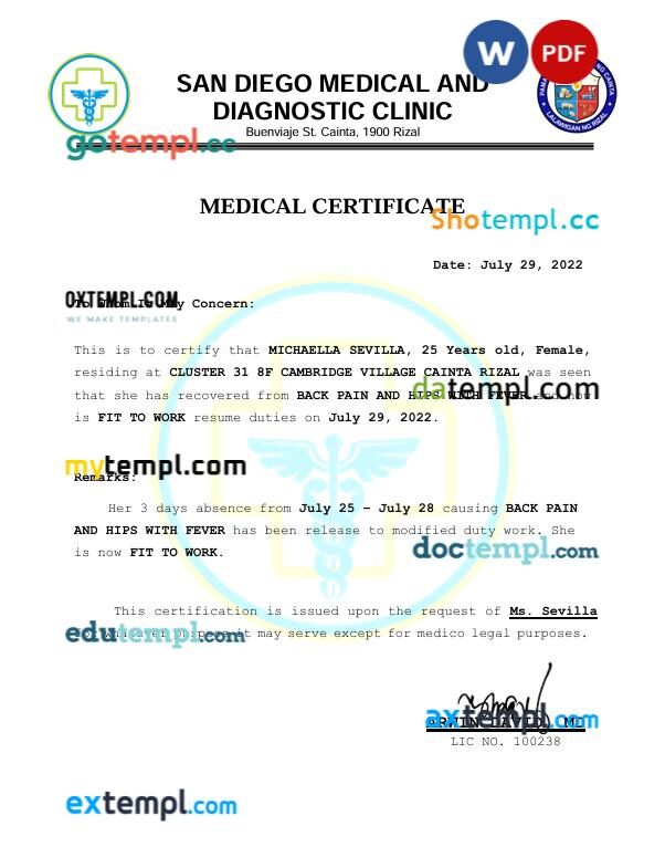 USA San Diego medical certificate in Word and PDF format