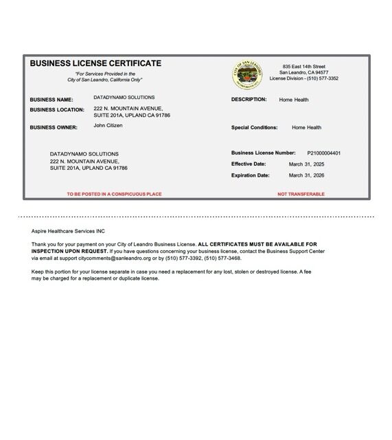 USA San Leandro business license certificate Word and PDF template