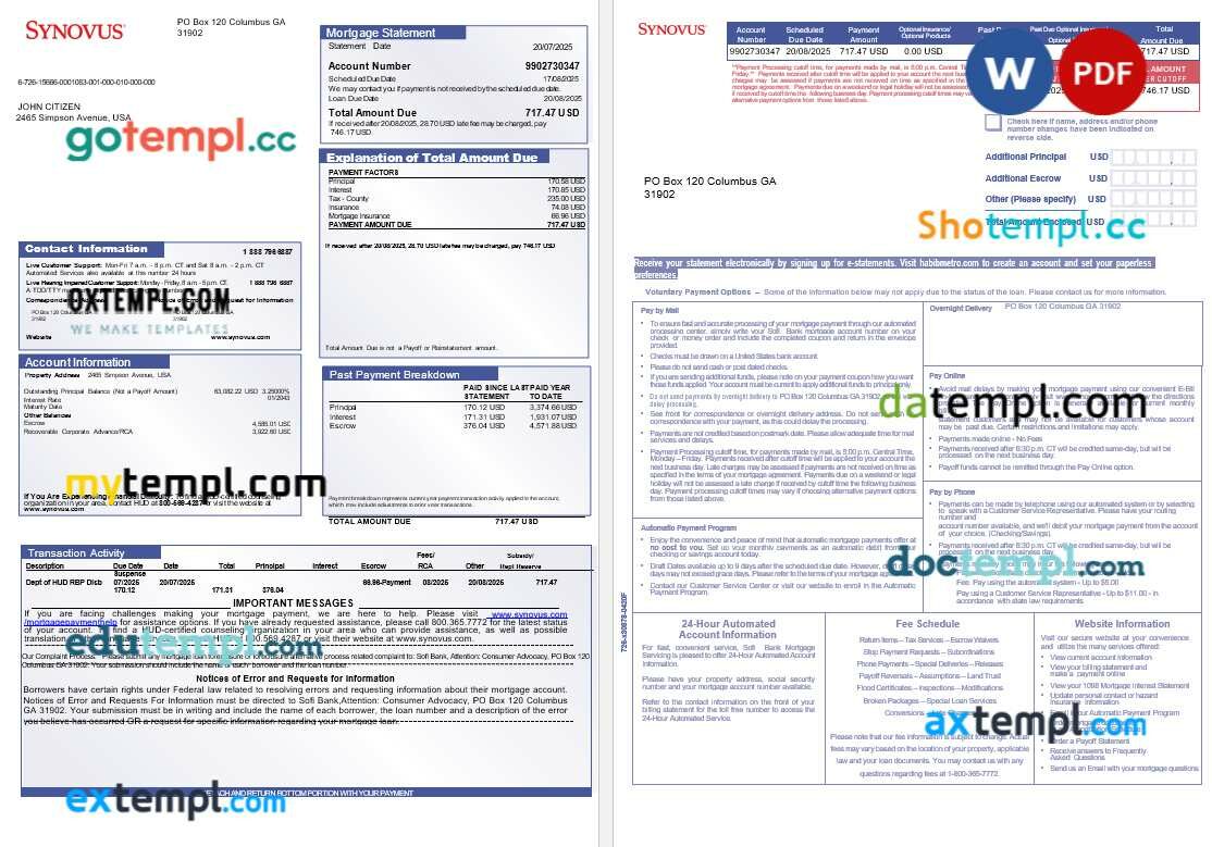 USA Synovus bank mortgage statement in Word and PDF formats, 3 pages