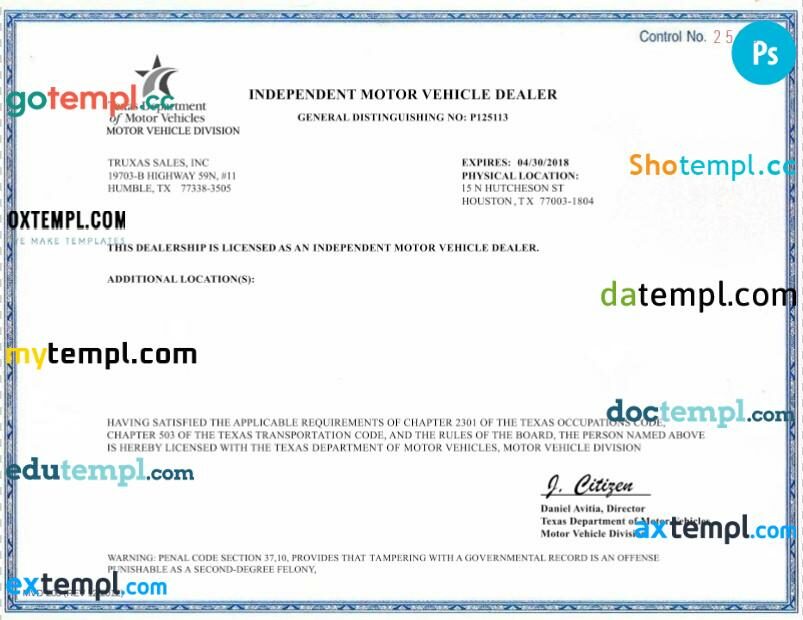 USA Texas Independent Motor Vehicle Dealer template in PSD format