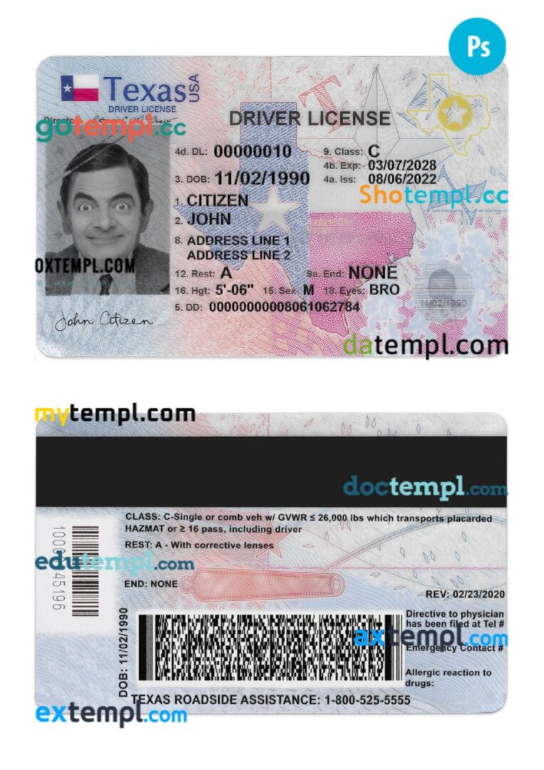 USA Texas new driving license PSD editable template, version 2