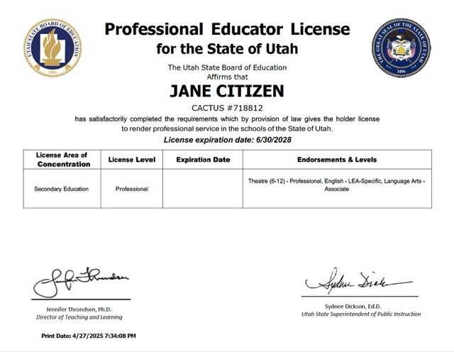 USA Utah professional educator license Word and PDF template