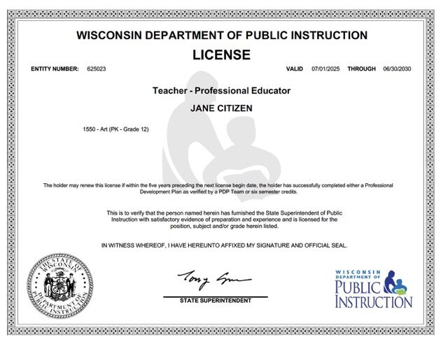 USA Wisconsin teacher license Word and PDF template