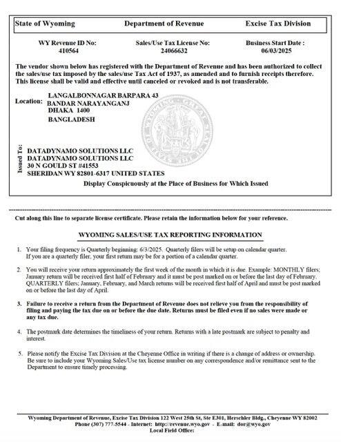 USA Wyoming sales/use tax license Word and PDF template