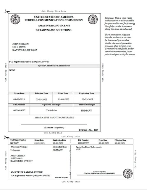 USA amateur radio license Word and PDF template