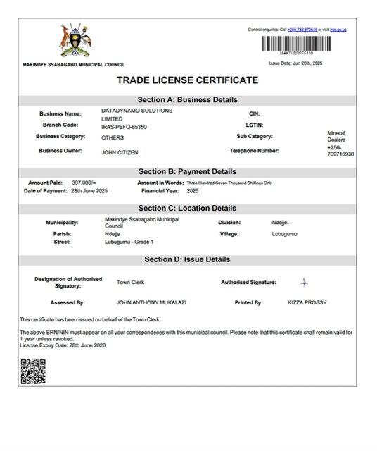 Uganda Makindye trade license certificate Word and PDF template