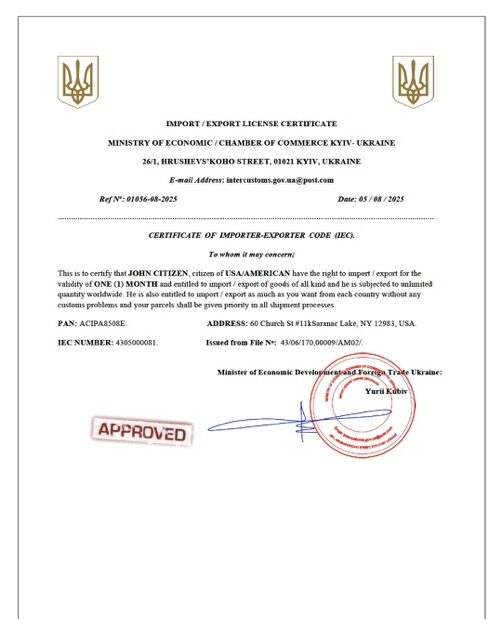 Ukraine import / export license certificate Word and PDF template