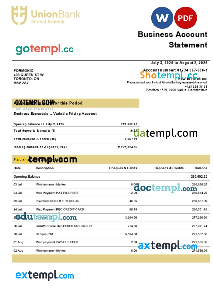 Union Bank AG company checking account statement Word and PDF template
